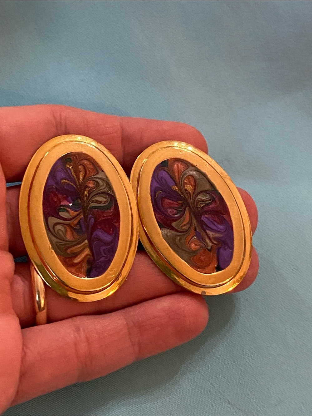 Vintage Stud Earrings  Colorful Enameled Swirls - Picture 4 of 7